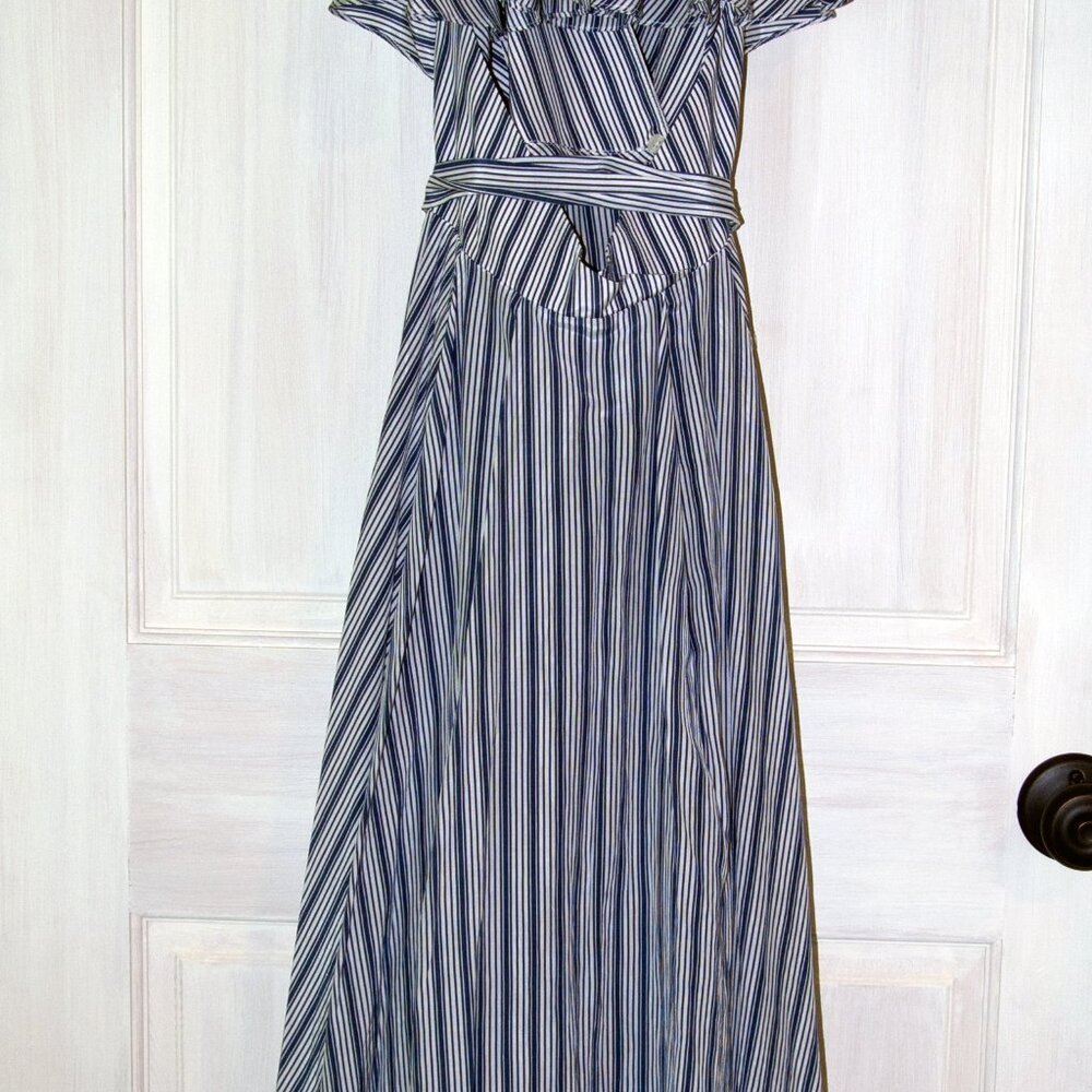 Striped Wrap Dress Navy and White with Open Back Size 4 Silk Blend Brooklyn - Picture 5 of 12